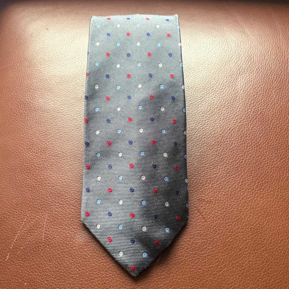 Brooks Brothers Makers Silk Tie Gray Red White Blue Dot Woven in England
